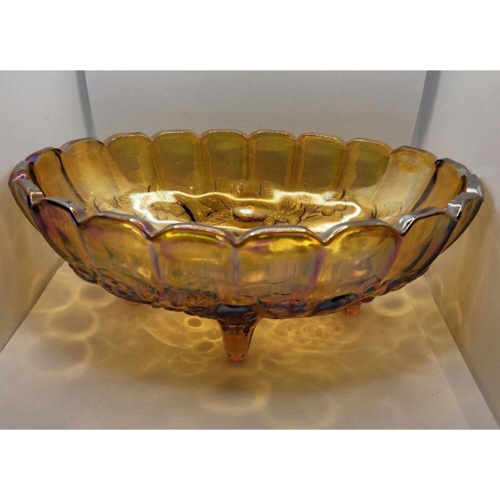 Indiana Glass Iridescent Carnival Vintage Amber Harvest Grape Footed Centerpiece